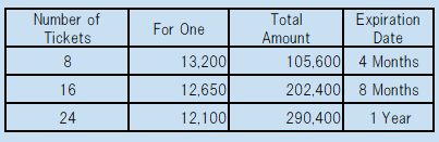 Amount of Tickets For One 8 12,000 16 11,500 24 11,000 32 10,500 Total Amount Expiration Date 96,000 3 Months 184,000 6 Months 264,000 1 Year 336,000 1 Year